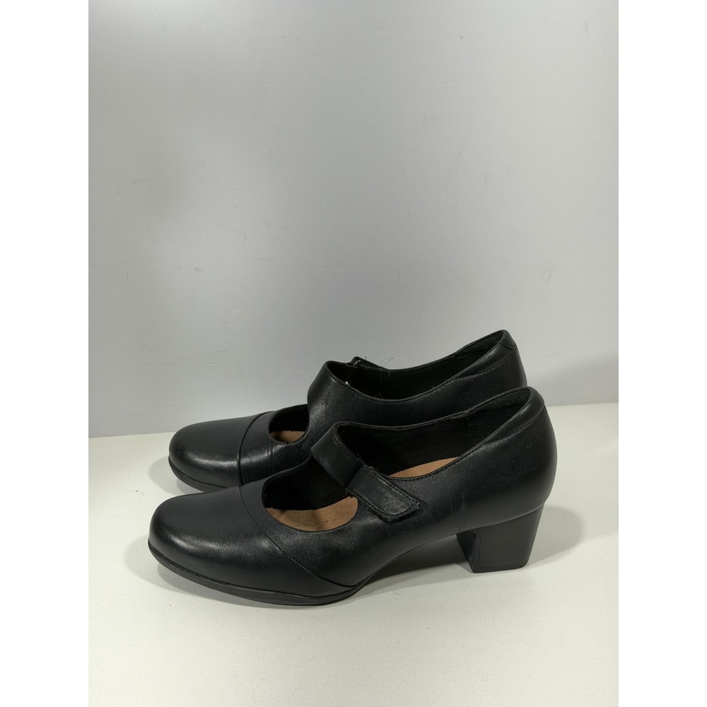 Clarks Unstructured Womens Black Leather Mary Jane Block Heel Pumps Shoes